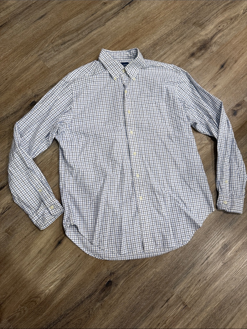 Ralph Lauren White Button-Down Dress Shirt with Blue and Navy Check Cotton